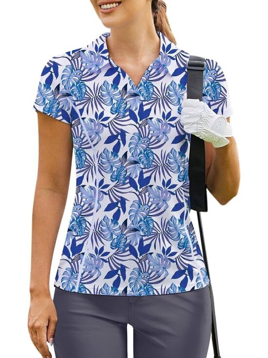 Tops - Women's Blue Palm Leaf Golf Shirt Short Sleeve Quick Dry V-Neck Tennis Tops Fit